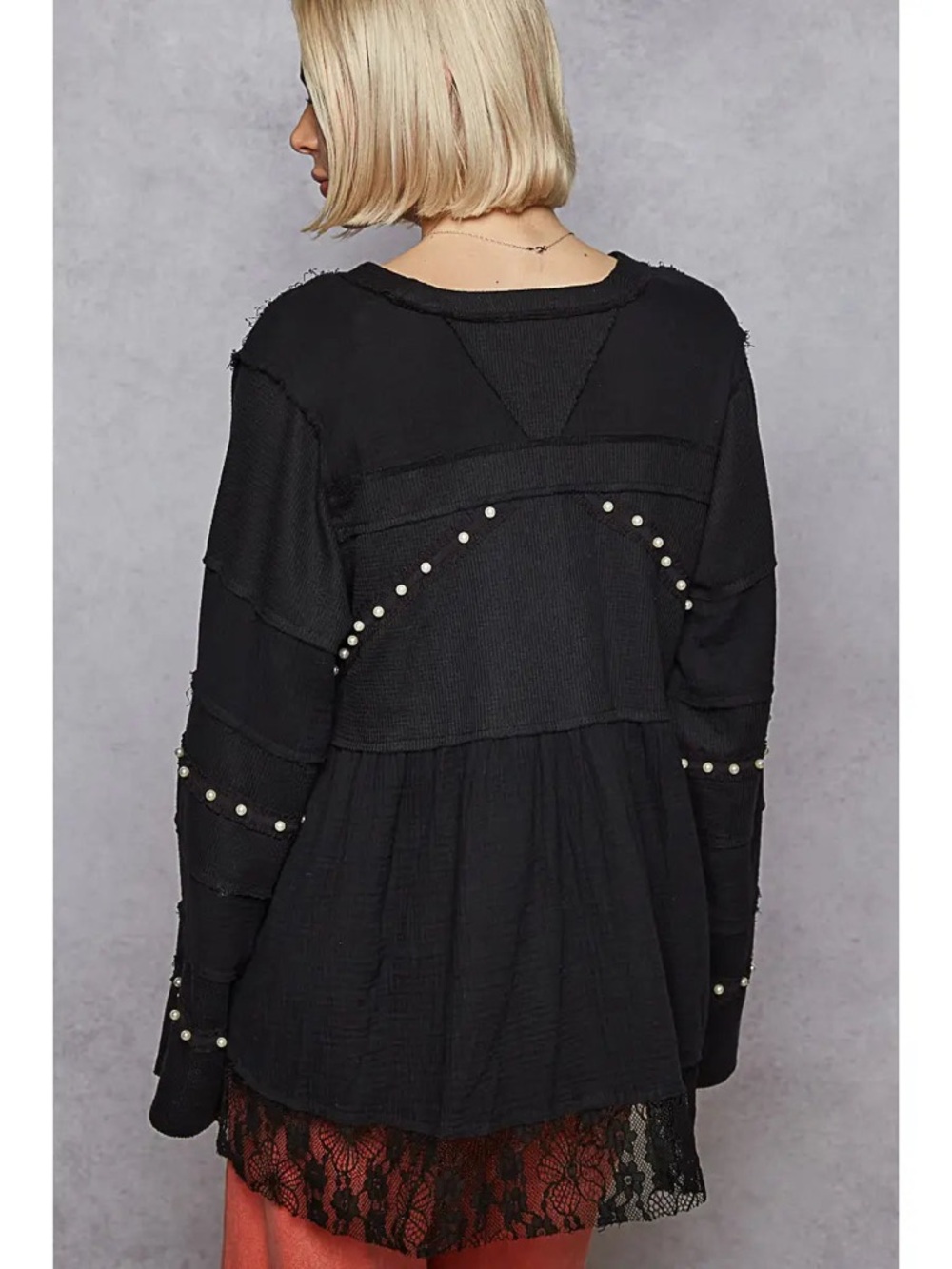 POL Black Lace-Trim Pearl-Embellished V-Neck Tunic - Picture 3 of 4